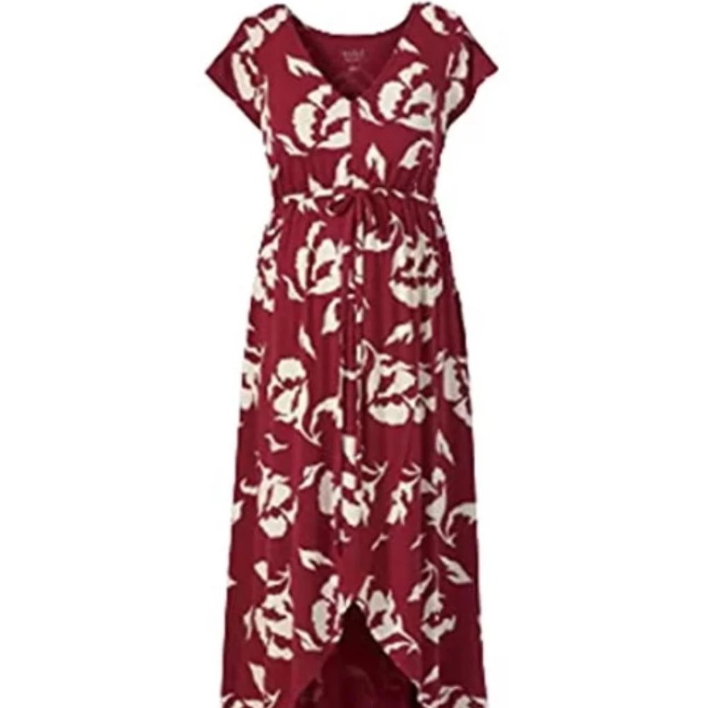Red Floral Print Short Sleeve Knit Wrap Maternity Dress